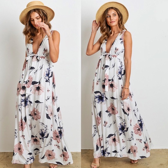 Floral Plunge Tie Front Maxi Dress | White - Picture 2 of 8